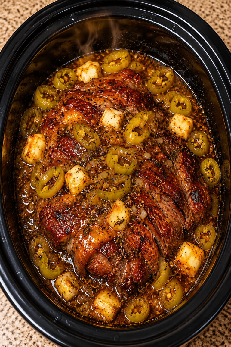 Slow Cooker Pepperoncini Pot Roast served with potatoes and carrots in a rich savory gravy.