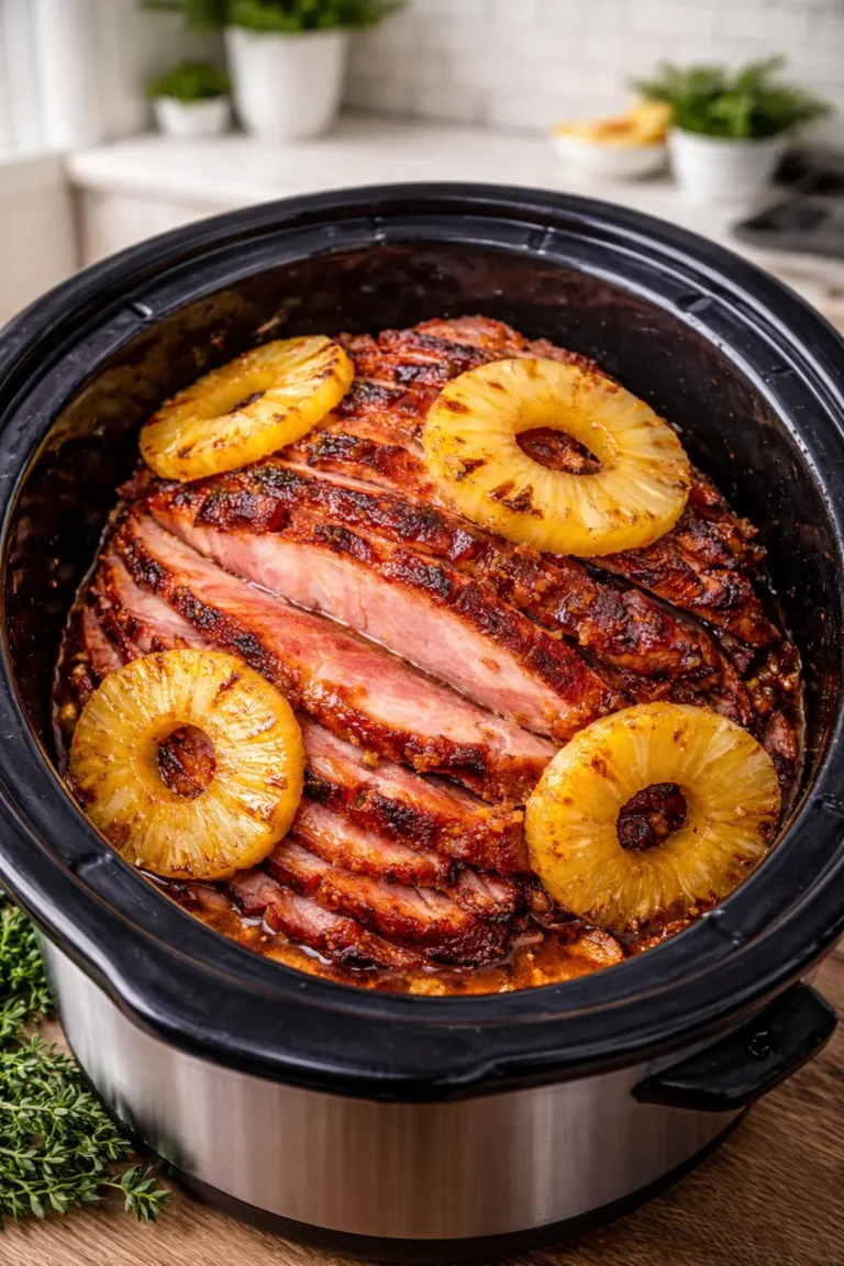 A vertical, high-angle shot of a large spiral-sliced ham inside a stainless steel slow cooker. The ham is glistening with a thick, amber-colored brown sugar glaze and is topped with several golden pineapple rings. The meat shows deep mahogany caramelized edges, and a sprig of fresh green thyme sits on the wooden table next to the pot.