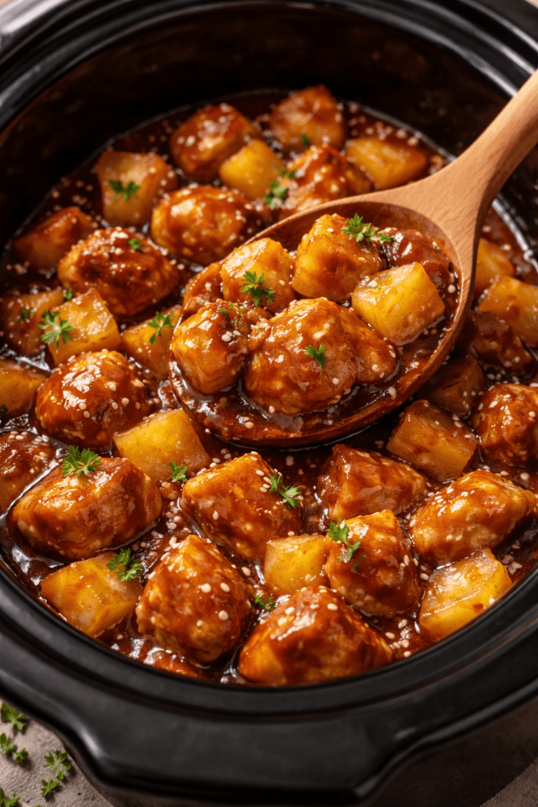 Slow cooker pineapple chicken with juicy chicken chunks, pineapple pieces, and sticky sweet savory sauce in a black crockpot.