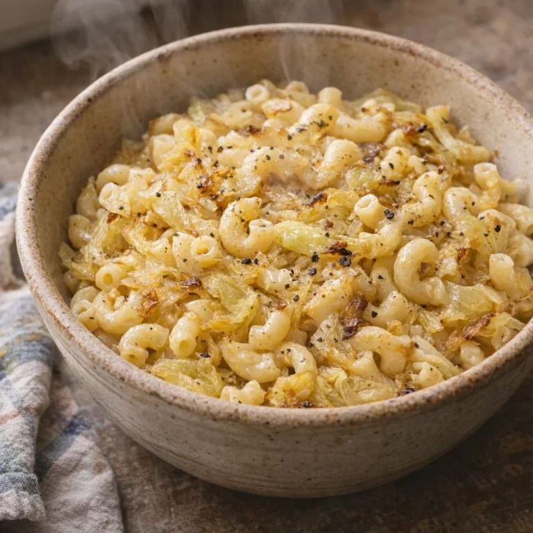 A bowl of Slow Cooker Poor Man Cabbage and Macaroni, a budget-friendly dish.