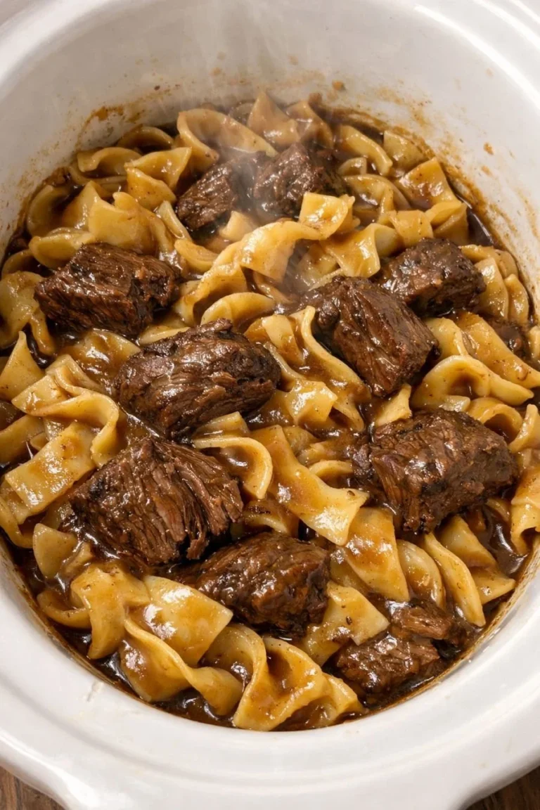 Slow Cooker Poor Man’s Beef and Noodles served in a bowl