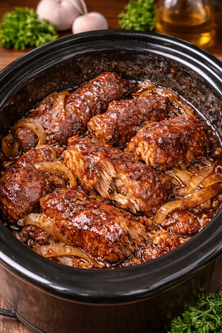 A close-up, high-angle photo of several country-style pork ribs inside a black slow cooker. The meat is glazed in a dark, glossy BBQ sauce with visible strands of tender, pulled pork. Softened, translucent onion wedges are tucked between the ribs in a rich, savory liquid.