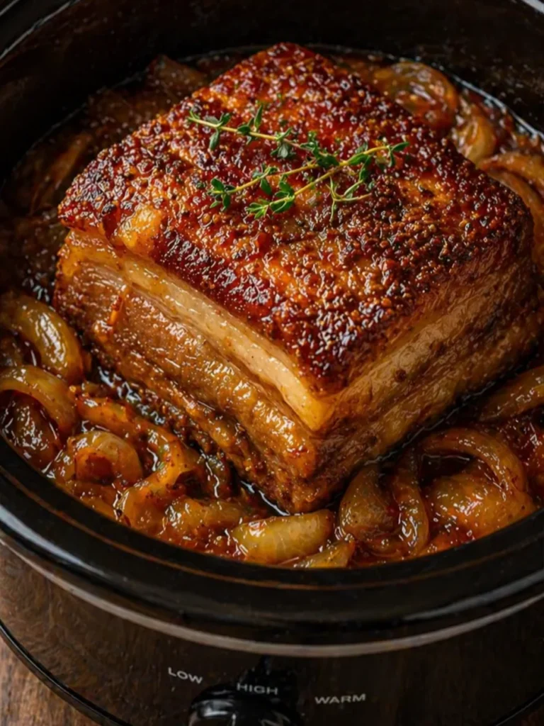 slow cooker pork belly with sticky glaze and onions