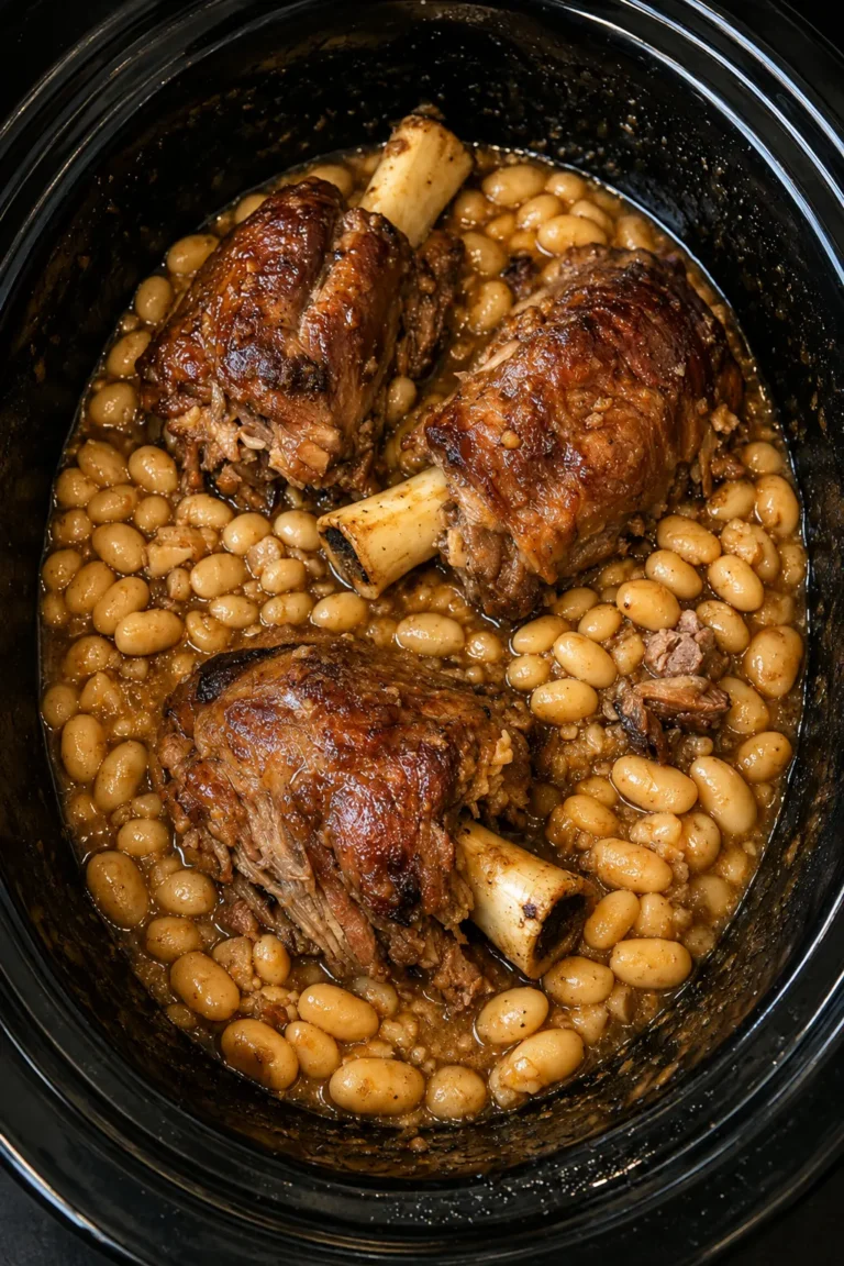 Slow Cooker Pork Shanks and White Beans cooked until tender in a rich savory broth.