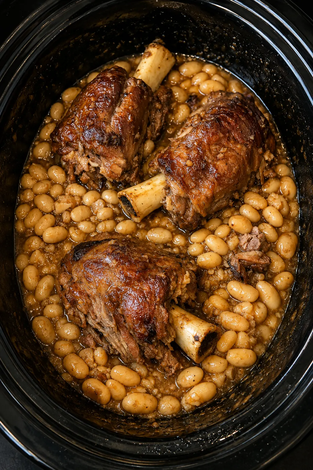 Slow Cooker Pork Shanks and White Beans cooked until tender in a rich savory broth.