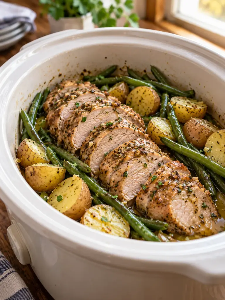 Sliced ranch pork tenderloin with potatoes and green beans in a slow cooker