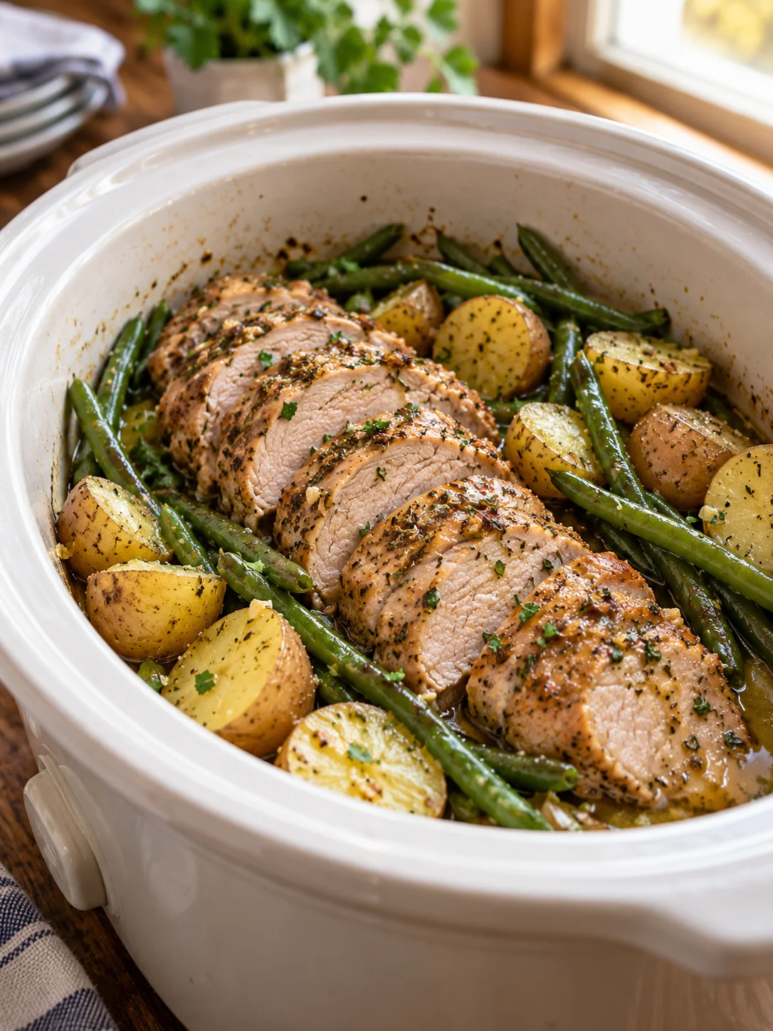 Sliced ranch pork tenderloin with potatoes and green beans in a slow cooker