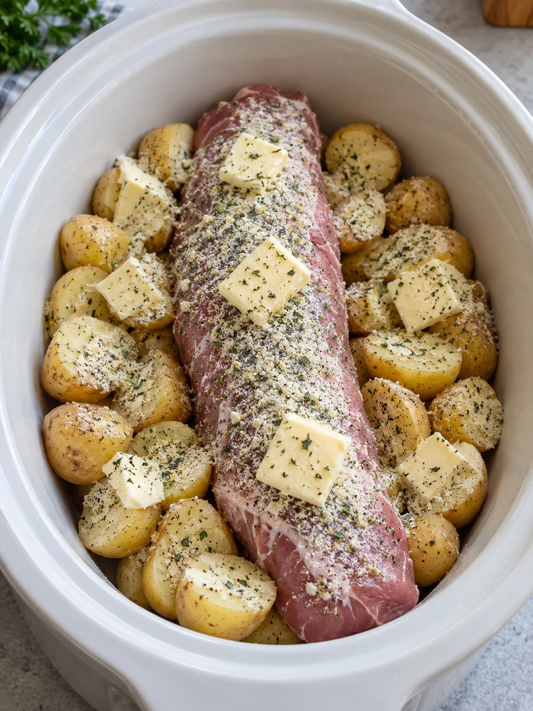 Raw pork tenderloin with potatoes, ranch seasoning and butter in a slow cooker