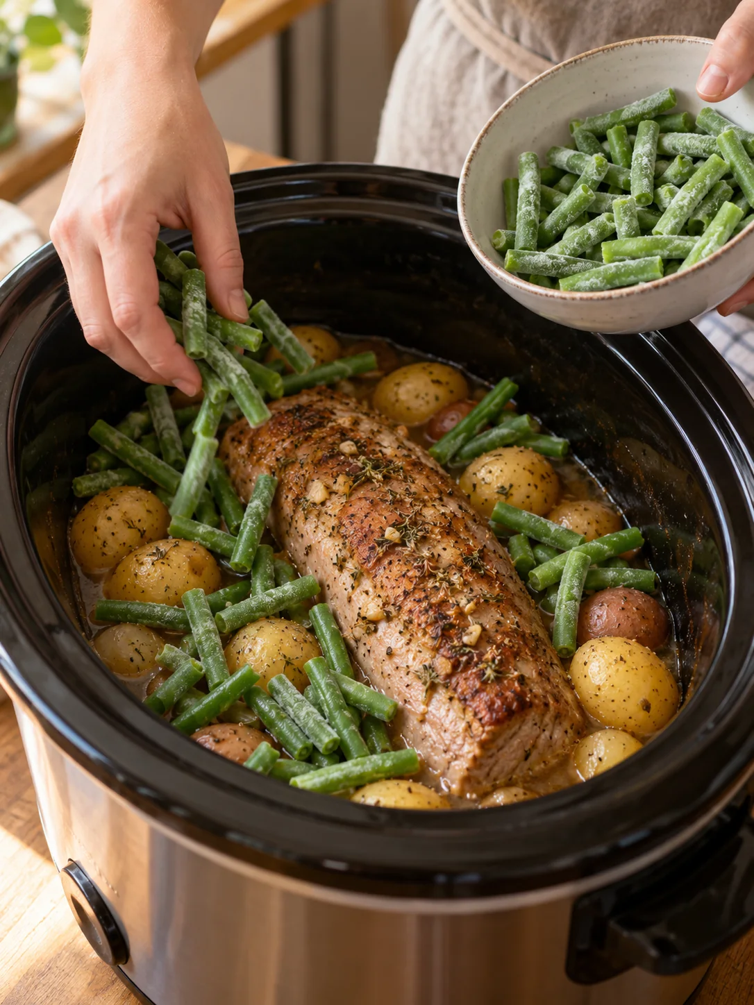 Adding frozen green beans to cooked pork and potatoes for the final half-hour