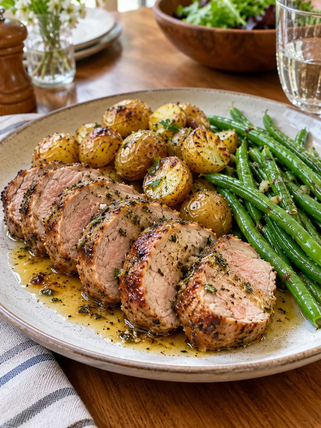 Plated slices of ranch pork tenderloin with baby potatoes and green beans
