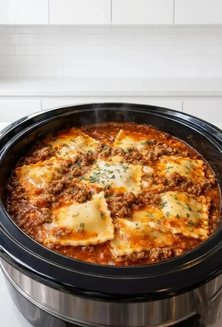 Slow cooker ravioli lasagna with melted cheese