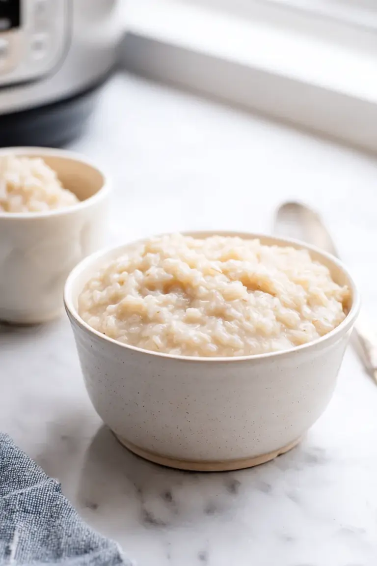 Bowl of creamy slow cooker rice pudding ready to serve