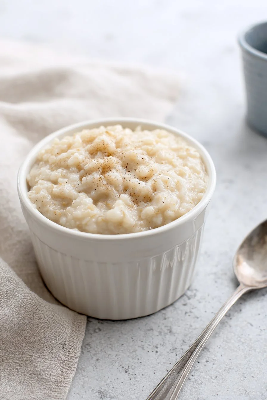 Bowl of creamy slow cooker rice pudding topped with cinnamon and raisins.