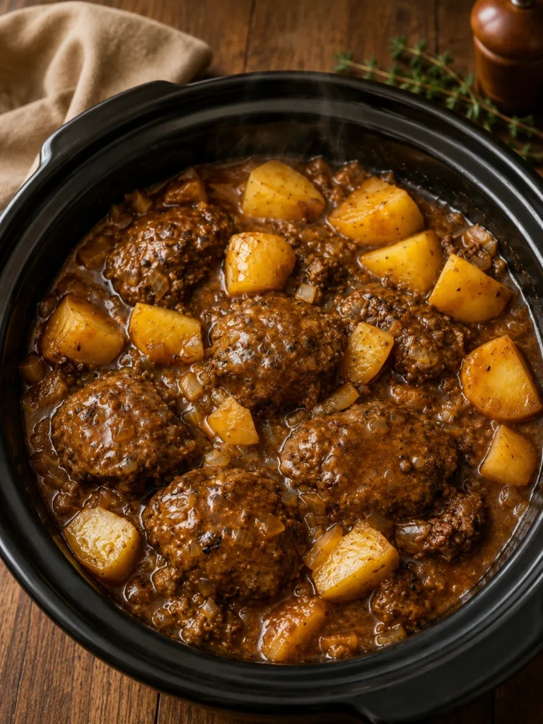Slow cooker Salisbury steak and potatoes with rich brown gravy and tender beef patties