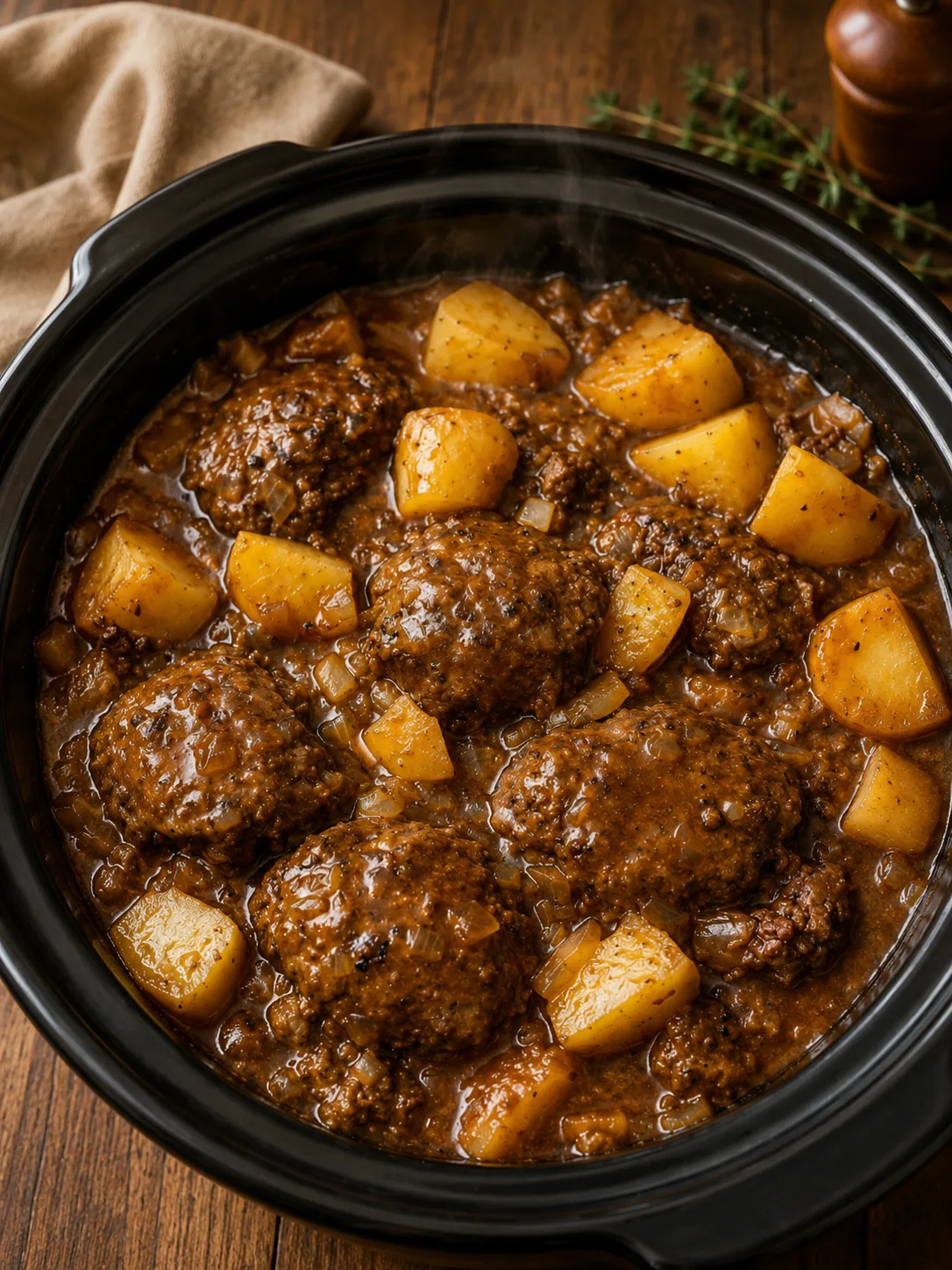 Slow cooker Salisbury steak and potatoes with rich brown gravy and tender beef patties