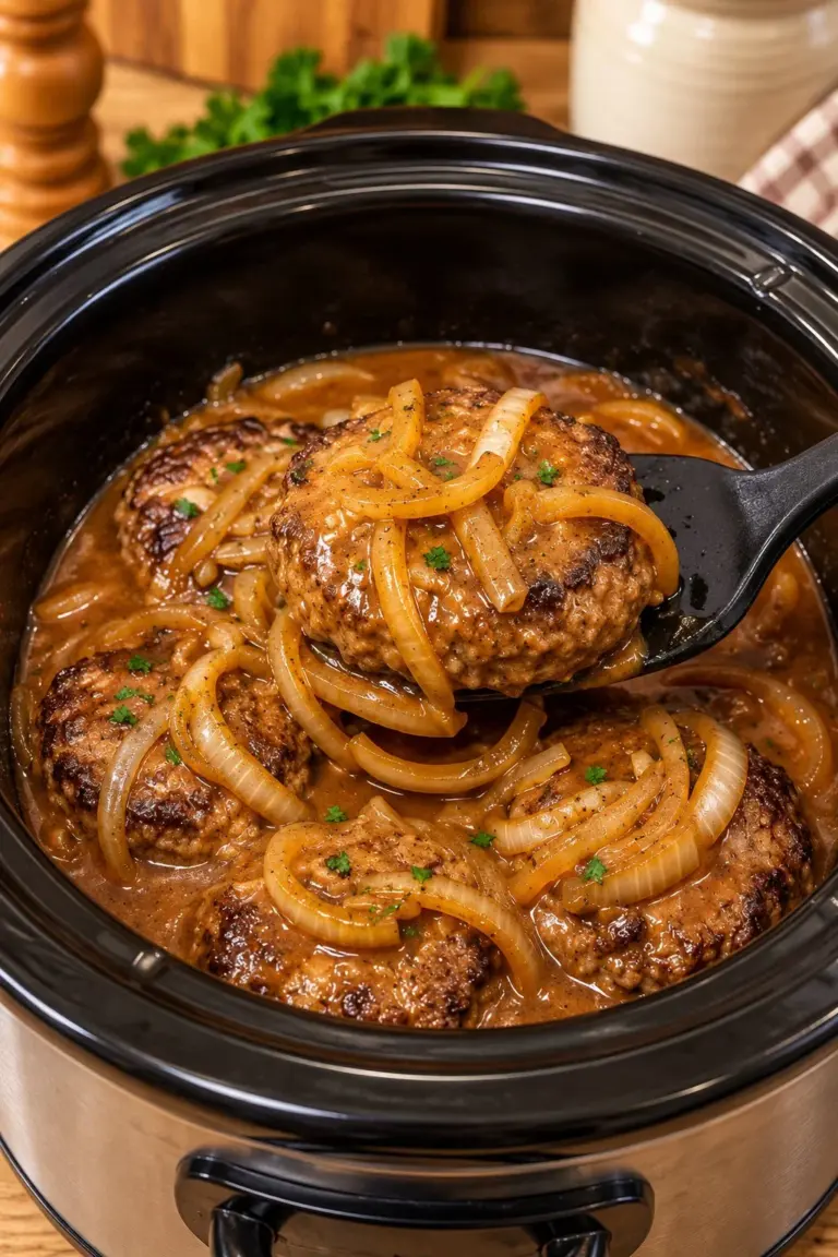 Delicious Slow Cooker Salisbury Steak served with rich onion gravy