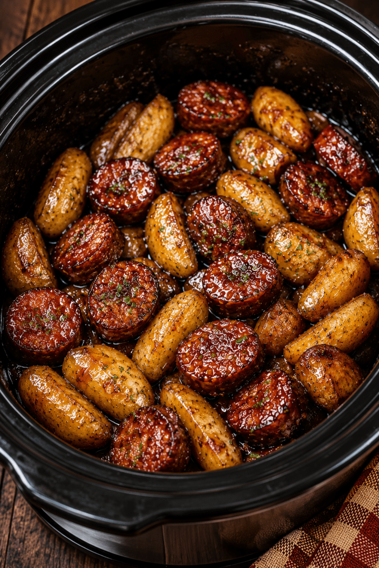 Slow cooker sausage and apples with smoky sausage slices and tender apple chunks in a sweet savory glaze.