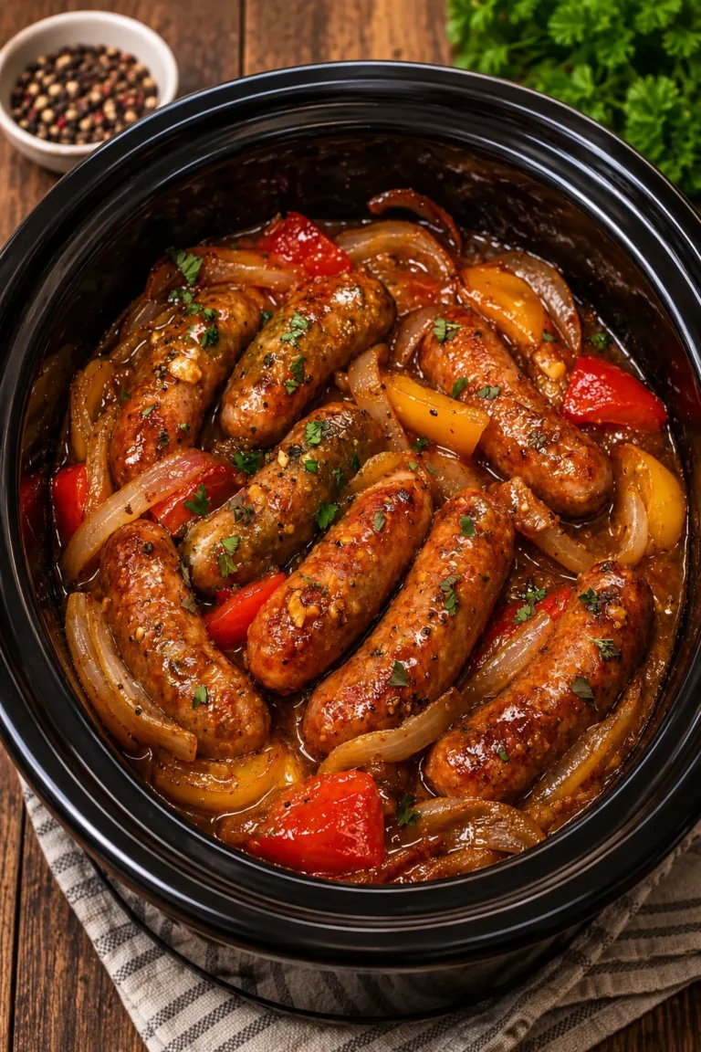 Slow cooker sausage and peppers with Italian sausage, onions, and colorful bell peppers in rich tomato sauce.