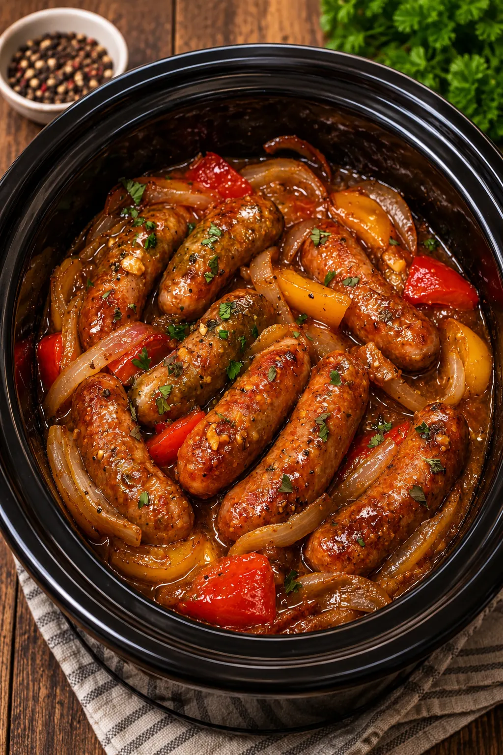 Slow cooker sausage and peppers with Italian sausage, onions, and colorful bell peppers in rich tomato sauce.