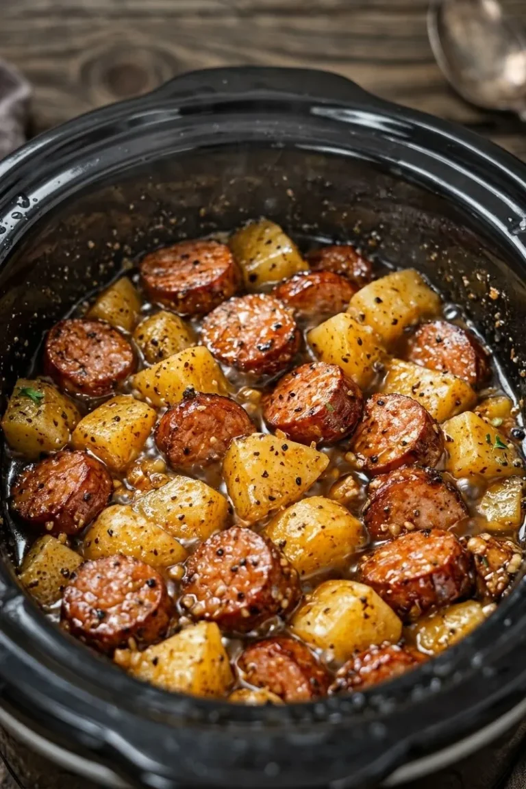 A vertical, overhead shot looking into a black slow cooker filled with a rustic mixture of sliced smoked sausage and cubed golden potatoes. The sausage rounds and potatoes are glistening in a savory brown glaze with visible flecks of black pepper and dried herbs. Steam is lightly rising from the pot, set against a dark wooden background.