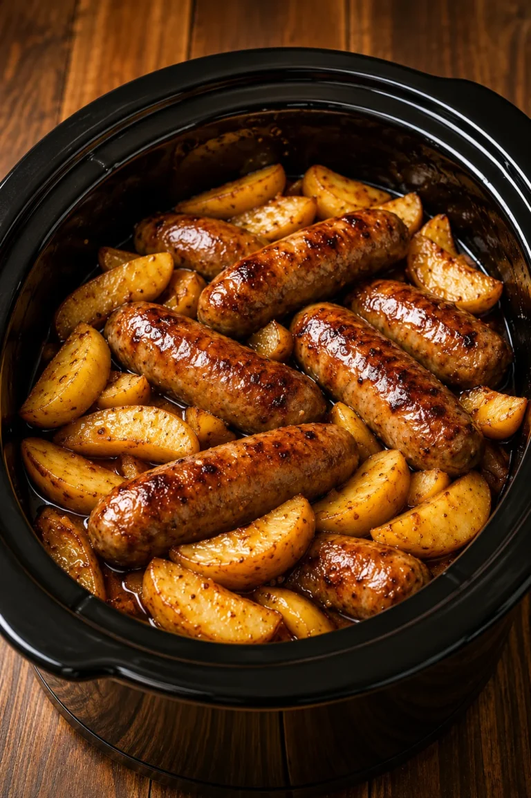 Smoked sausages and cinnamon apples cooking in a black crockpot with a sweet buttery glaze.
