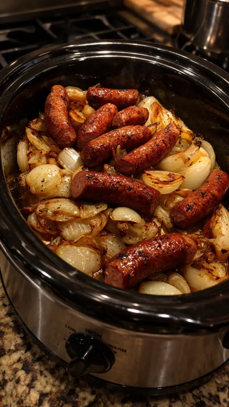 A vertical close-up of sliced smoked sausage and thick onion wedges inside a stainless steel slow cooker. The sausage has a dark, seared exterior and the onions are soft and translucent, all coated in a glossy, dark balsamic glaze with rising steam.