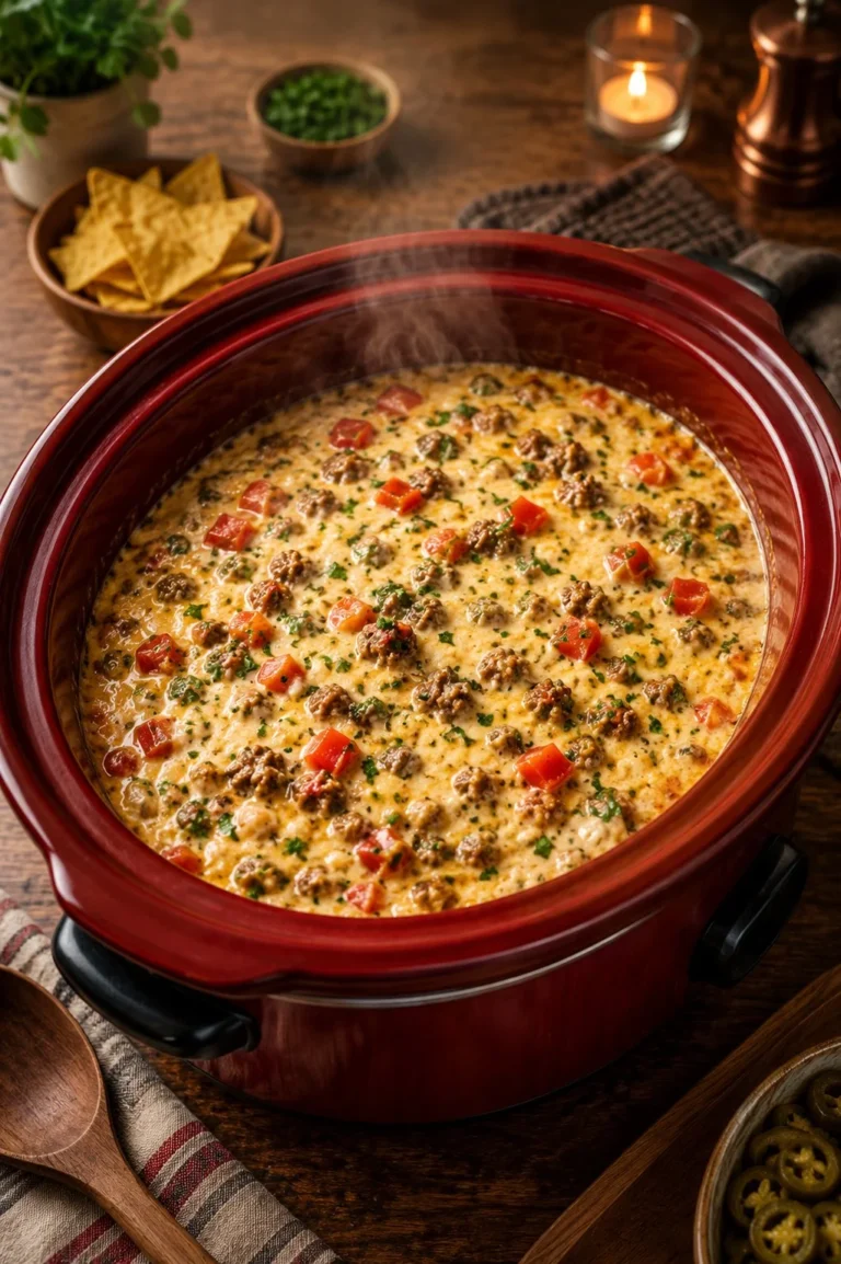 Slow Cooker Sausage Cheese Dip with melted cheese and sausage in a bowl