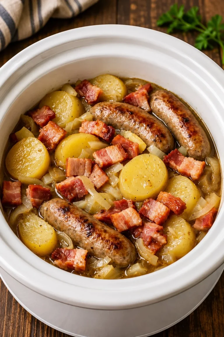 Slow cooker sausage dish with potatoes and bacon, a hearty meal.