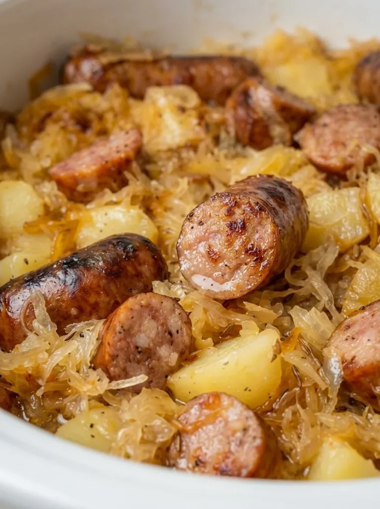 A high-angle, vertical shot of a white ceramic slow cooker filled with sliced smoked sausage, cubed yellow potatoes, and tangy sauerkraut. The sausage pieces are browned and glistening, nestled into a bed of tender, translucent sauerkraut and soft potatoes. Wisps of steam are rising from the pot, which sits on a rustic wooden table with a kitchen towel and wooden spoon nearby.