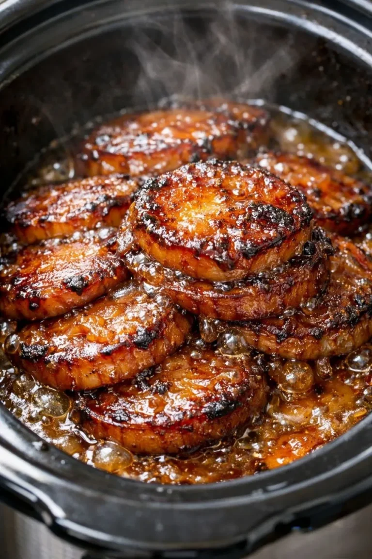 Slow cooker savory russet potato disks with caramelized glaze and onions