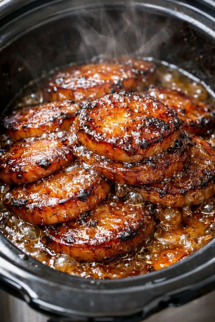 Slow cooker savory russet potato disks with caramelized glaze and onions