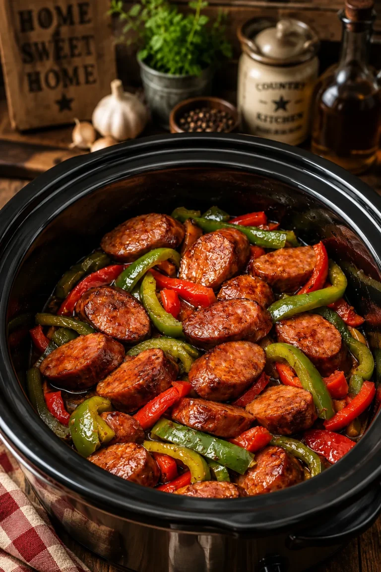 Slow cooker smoked sausage with red and green bell peppers in a savory barbecue Worcestershire sauce.