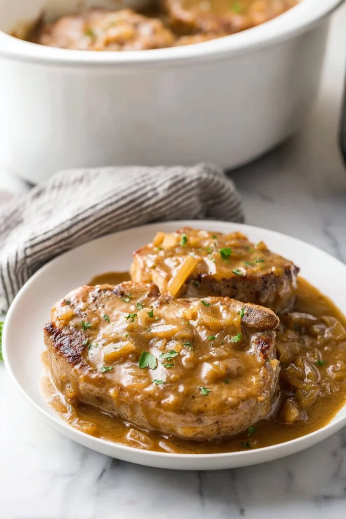 Delicious slow cooker smothered pork chops served with gravy