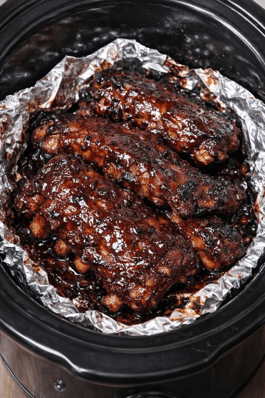 Slow cooker BBQ ribs coated in sticky sauce, tender and caramelized in a crockpot