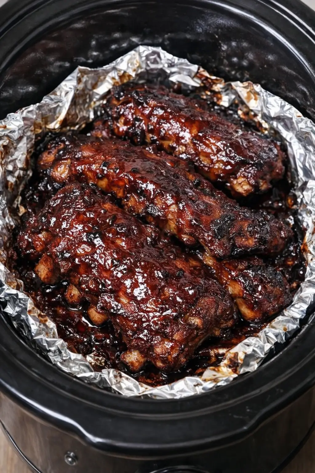 Slow cooker BBQ ribs coated in sticky sauce, cooked until tender in a crockpot lined with foil