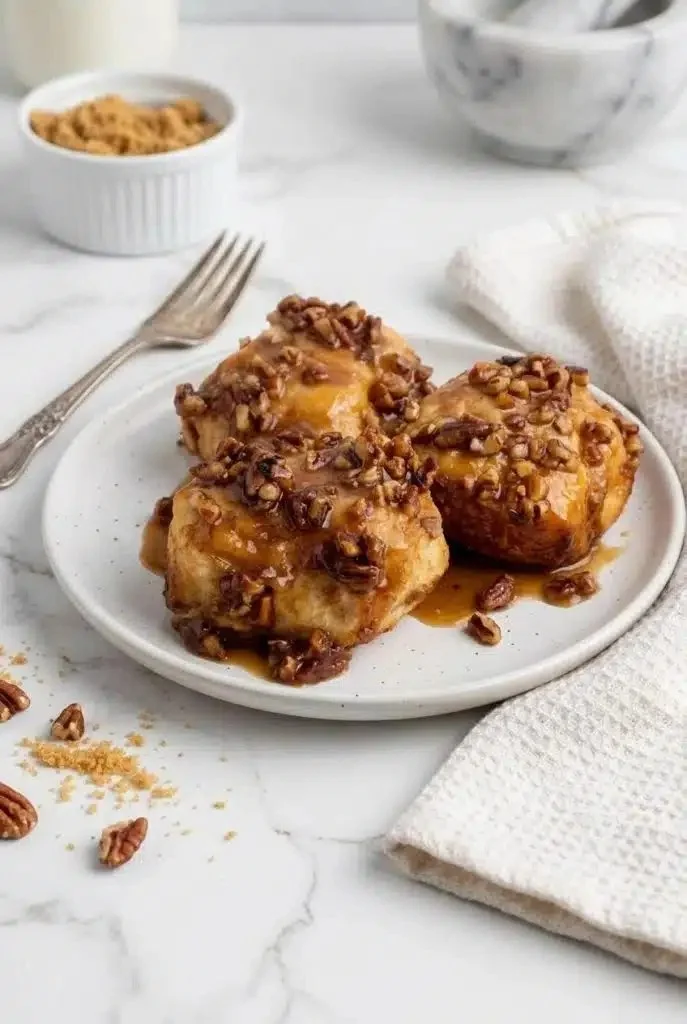 Delicious slow cooker sticky buns topped with caramel and nuts.