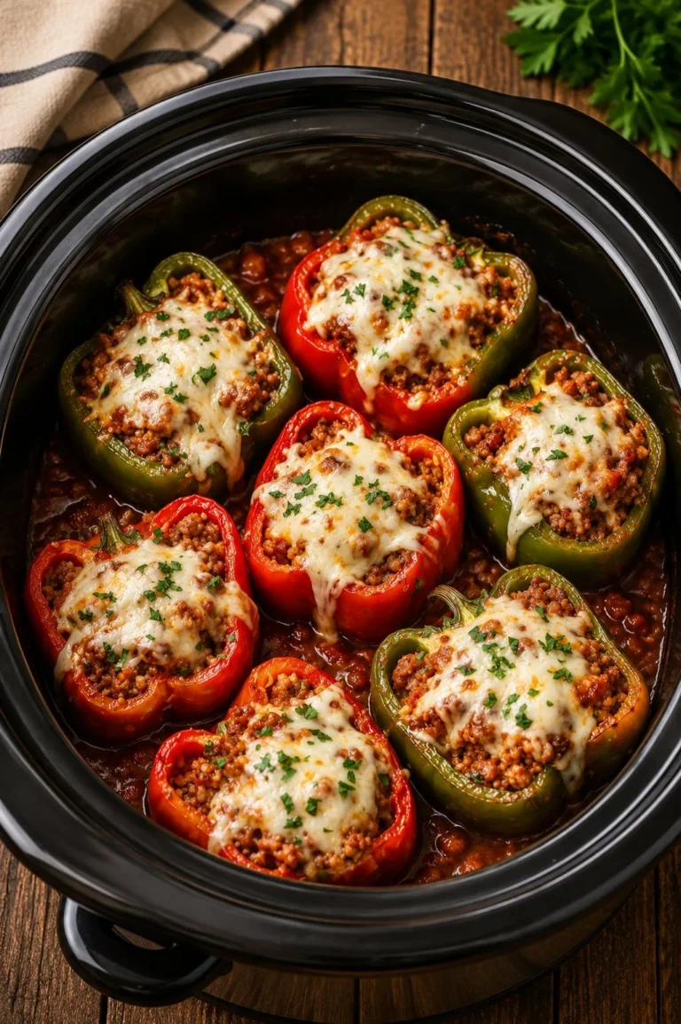 Delicious slow cooker stuffed bell peppers ready to serve for a hearty meal.