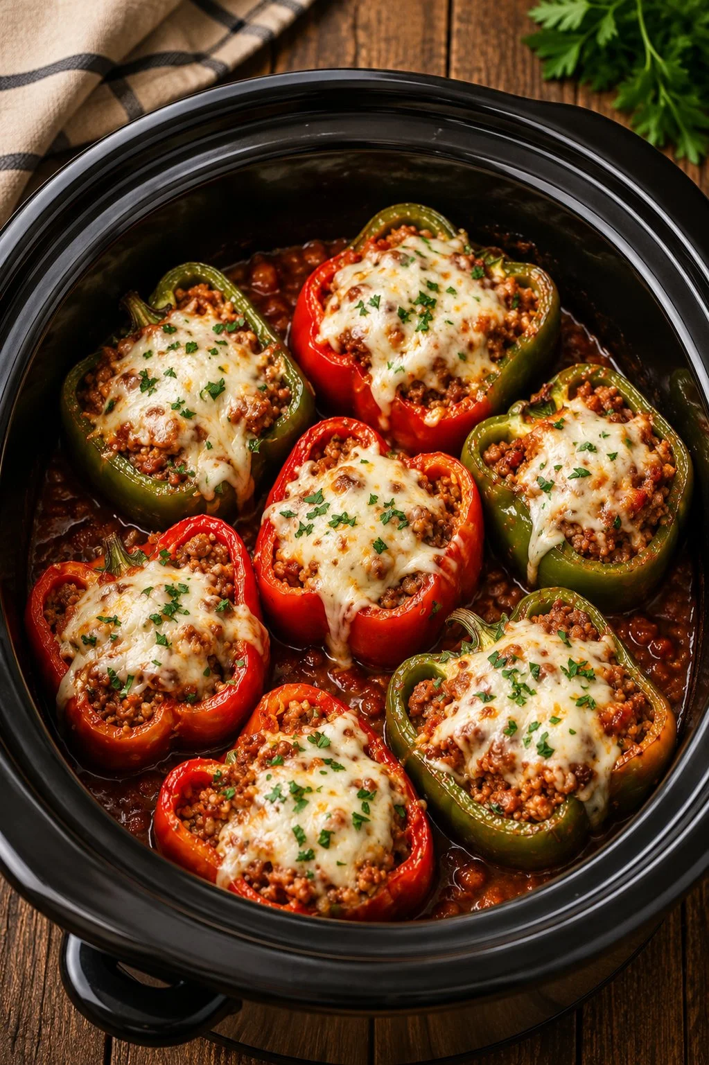 Delicious slow cooker stuffed bell peppers ready to serve for a hearty meal.