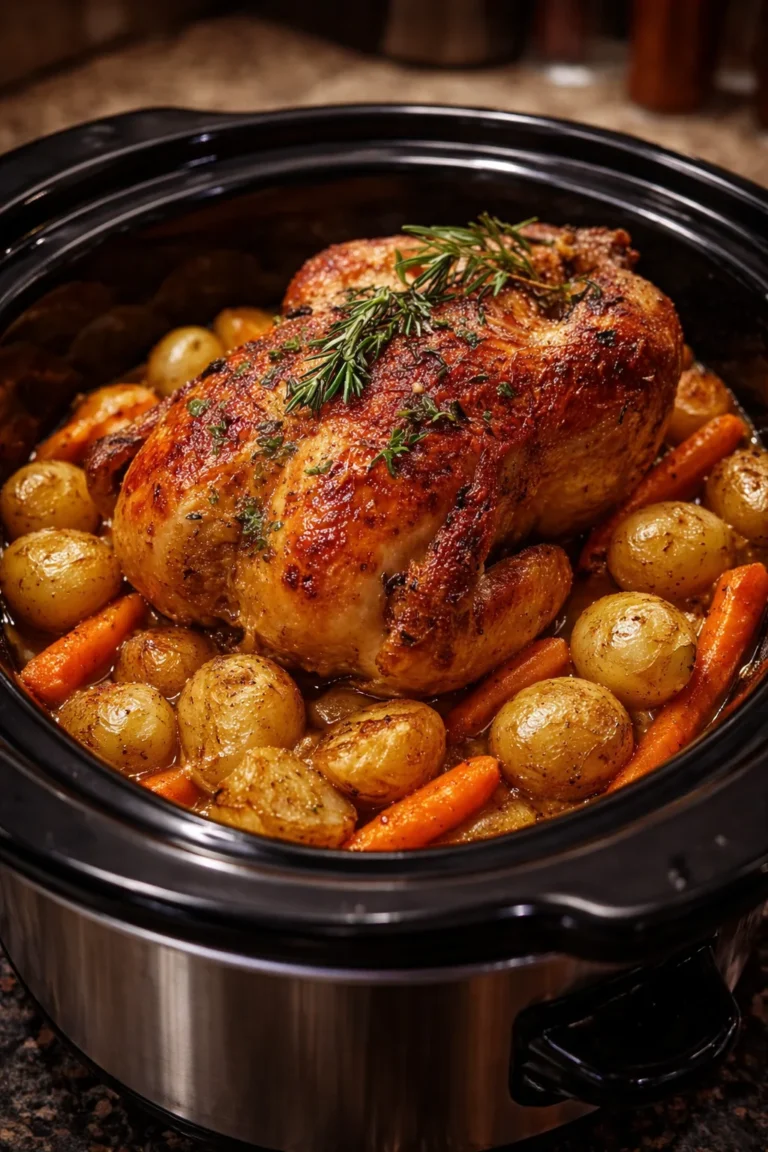 A vertical, eye-level shot of a whole roasted chicken sitting on a bed of baby potatoes and carrots inside a black slow cooker. The chicken has a perfectly browned, herb-flecked skin and is topped with a fresh sprig of rosemary. The golden potatoes and vibrant orange carrots are nestled around the base, glistening in the savory pan juices.