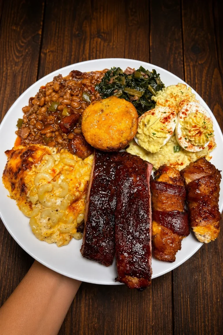Delicious smoked BBQ ribs served with sauces and sides