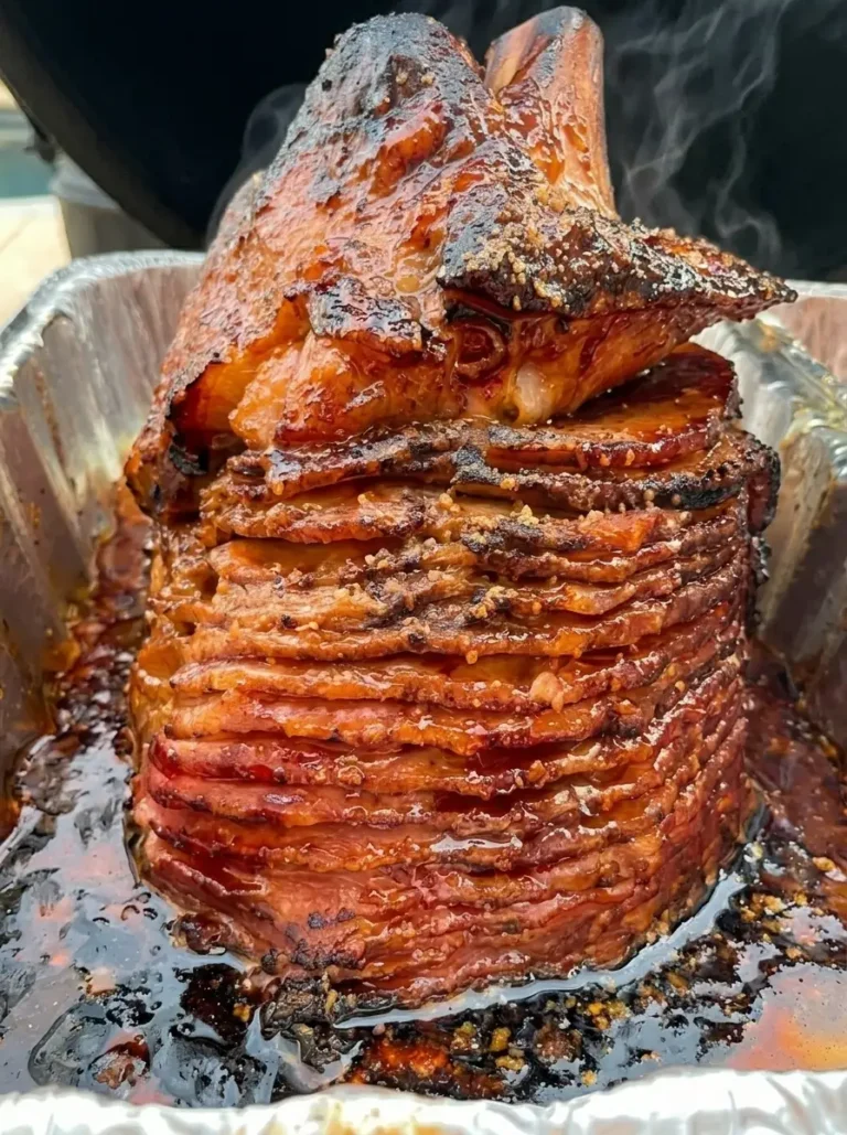 A horizontal, close-up shot of a spiral-sliced ham inside a rectangular silver foil pan, resting on the grates of a black charcoal smoker. The ham features a deep, glistening mahogany glaze and is garnished with fresh green parsley. Wisps of white smoke are rising around the meat, and the bottom of the pan is filled with bubbling, syrupy bourbon and brown sugar juices.