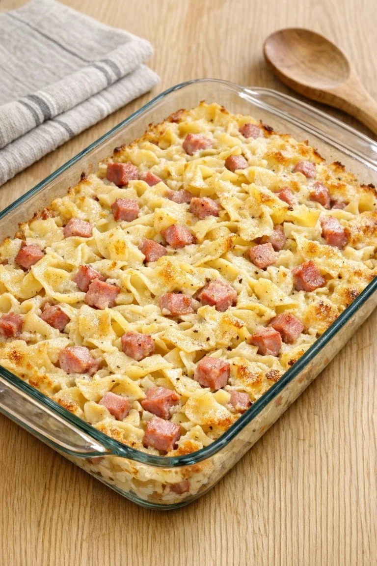 Delicious smoked ham and noodle casserole ready to enjoy.