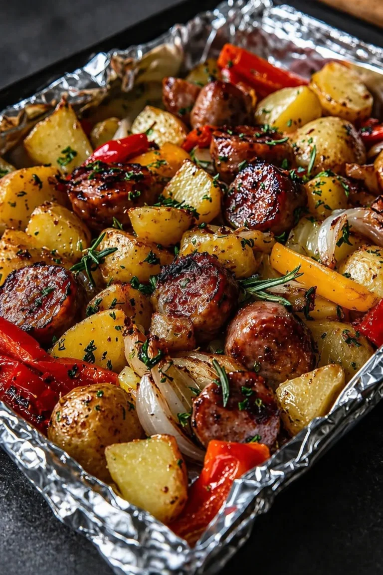 Smoked sausage and potato bake with roasted peppers and onions in a tray