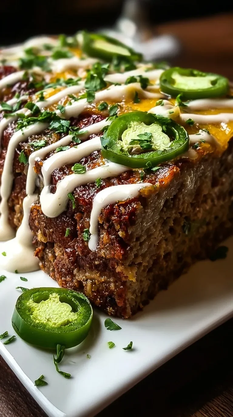 A sliced Smoky Jalapeño Popper Meatloaf with a creamy ranch drizzle and fresh chives on top.