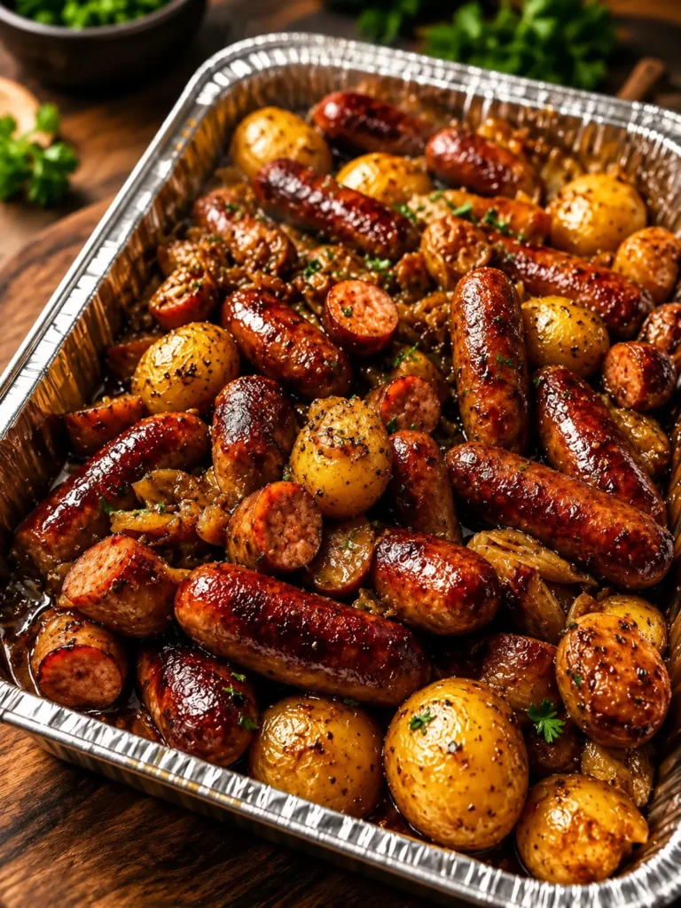 Smoky sausage and baby potato bake with roasted onions in foil pan