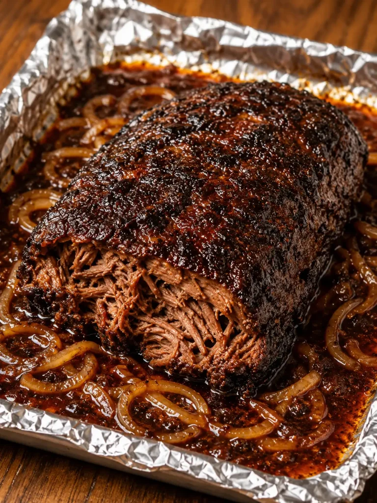 Smoky oven-braised beef brisket fresh from the oven