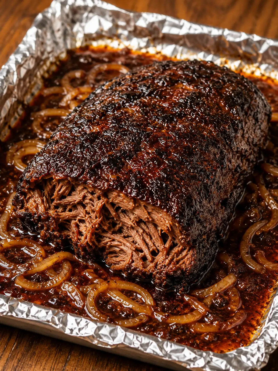 Smoky oven-braised beef brisket fresh from the oven