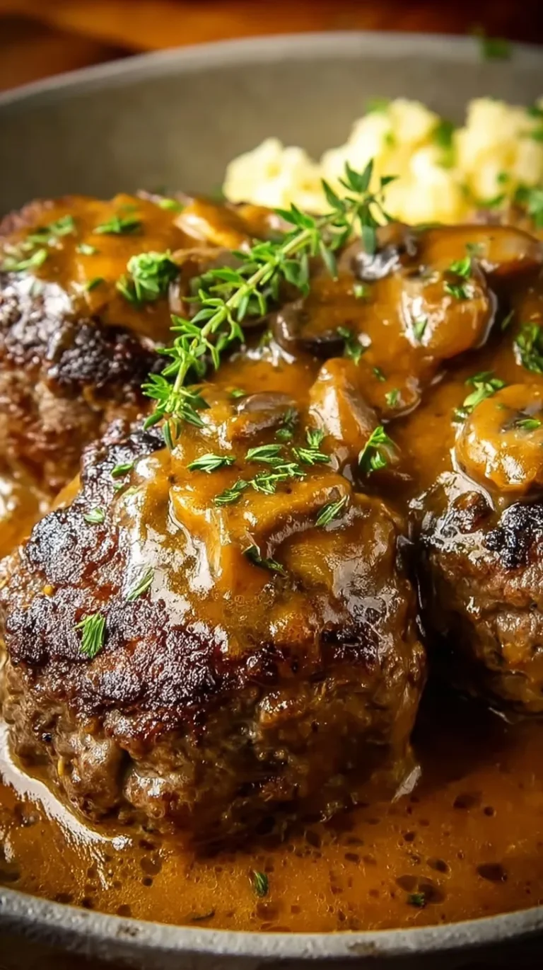 Juicy smothered hamburger steaks in a cast iron skillet with thick brown onion and mushroom gravy.