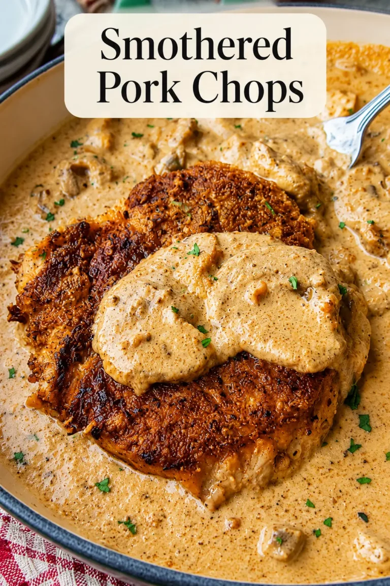 Smothered pork chops covered in creamy homemade gravy served in a skillet.