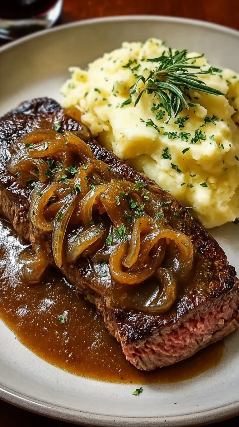 Tender smothered steak topped with thick onion gravy on a bed of creamy mashed potatoes.